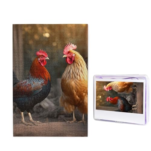 Puzzle mit Hahn und Huhn, 1000 Teile, personalisiertes Puzzle für Erwachsene, personalisiertes Bild mit Aufbewahrungstasche, Holzfotos, Puzzle für Familien-Heimdekoration (50 x 74,9 cm) von RLDOBOFE