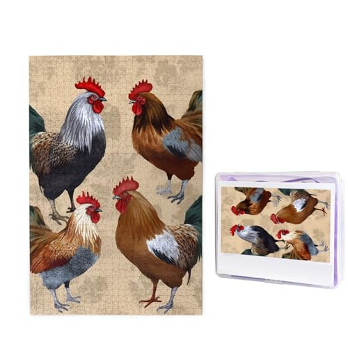 Puzzle mit Hahn- und Huhn-Druck, 1000 Teile, personalisiertes Puzzle für Erwachsene, personalisiertes Bild mit Aufbewahrungstasche, Holzfotos, Puzzle für Familien-Heimdekoration (50 x 74,9 cm) von RLDOBOFE