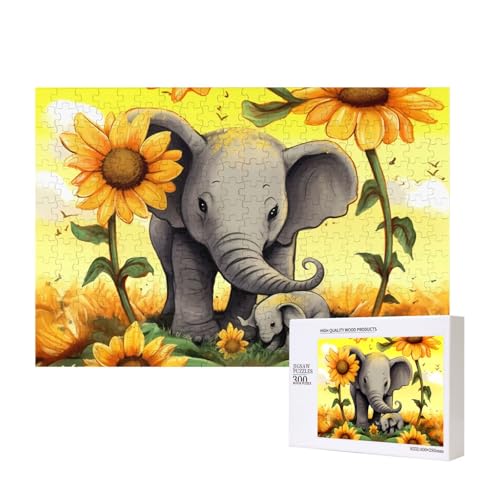 Puzzles 500 Teile Mutter Elefant Sonnenblumen Puzzle Holz Fotopuzzle für Erwachsene Personalisiertes Bilderpuzzle Klassisches Puzzle für Familie Hochzeit Geburtstag Geschenke 15,7 x 11 Zoll von RLDOBOFE