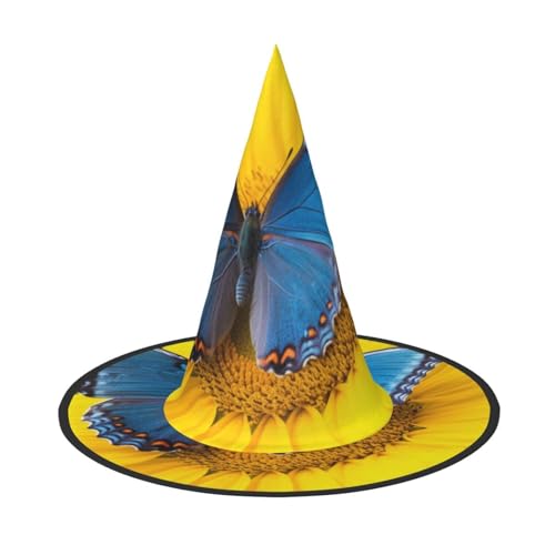 RLDOBOFE Hexenhut Sonnenblume Blau Schmetterling Gedruckt Zauberer Hut Unisex Halloween Hut für Cosplay Party Dekorationen von RLDOBOFE