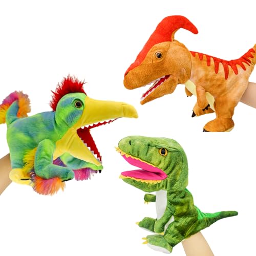 RLOMUTE 3 Stücke Dinosaurier-Handpuppe aus Plüsch süßes kuscheliges Tierspielzeug mit beweglichem Mund für Rollenspiele Geschichtenerzählen Vorschulunterricht für Kinder Jungen interaktive Spiele von RLOMUTE