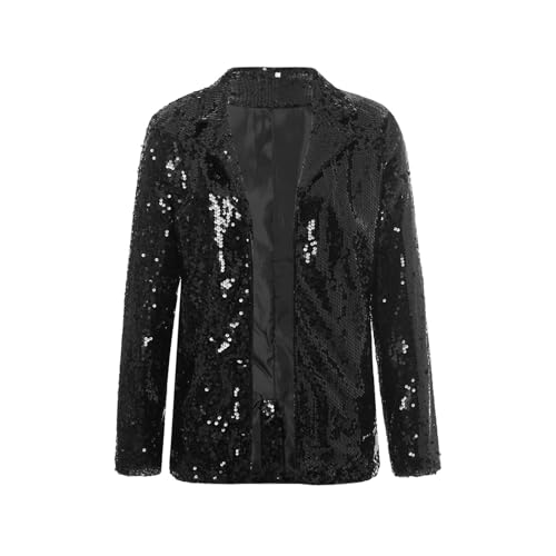 Erwachsenenkostüm Damen-Blazer mit Pailletten, einfarbig, glitzernd, lange Ärmel, vorne offen, Jacke, Revers, glitzernder Mantel für Party, Club Party Kostüm(Black,XL) von RLVYTA