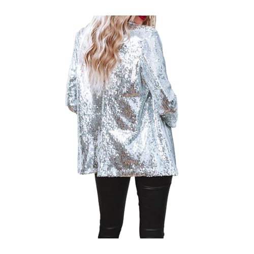 Erwachsenenkostüm Damen-Blazer mit Pailletten, einfarbig, glitzernd, lange Ärmel, vorne offen, Jacke, Revers, glitzernder Mantel für Party, Club Party Kostüm(Silver,M) von RLVYTA