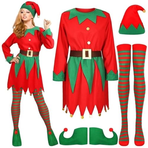 Erwachsenenkostüm Weihnachten Frauen Elf Cosplay Kostüm Set Weihnachten Elf Kostüm Set Kinder Erwachsene Elf Kostüm Anzug Elf Hut Party Kostüm(Kids,6-9 Years_Kids) von RLVYTA