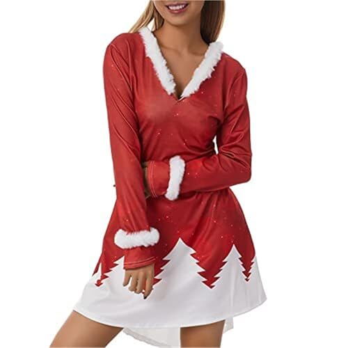 Erwachsenenkostüm Weihnachts-Midi-Kleider für Damen, langärmelig, V-Ausschnitt, pelzig, hoch niedrig, Kleider, Frau Weihnachtsmann-Kostüm, ausgefallene Cosplay-Outfits Party Kostüm(Red White,XXL) von RLVYTA