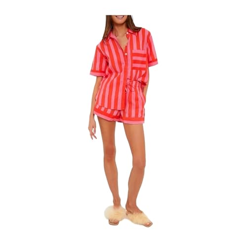 RLVYTA Erwachsenenkostüm 2-teiliges gestreiftes Pyjama-Set für Damen, gestreift, kurzärmelig, lockeres Button-Down-Hemd und Shorts mit elastischer Taille, Loungewear-Outfits Party Kostüm(M) von RLVYTA