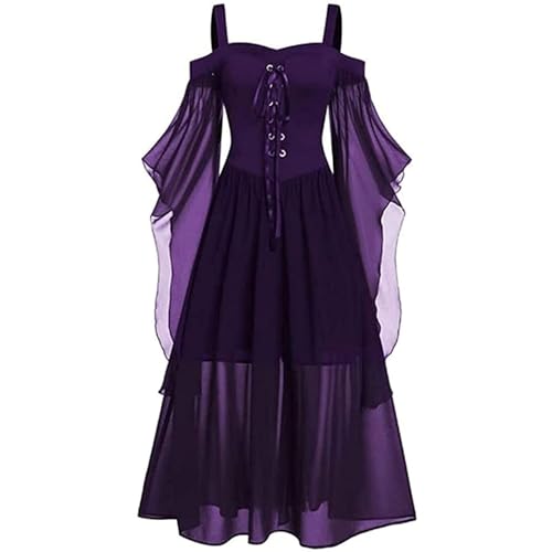 RLVYTA Erwachsenenkostüm Damen Gothic Punk Kleid Kalte Schulter Schmetterlingsärmel Halloween Cosplay Partykleid Schnürung Gothic Halloween Kleid Party Kostüm(Purple,XL) von RLVYTA