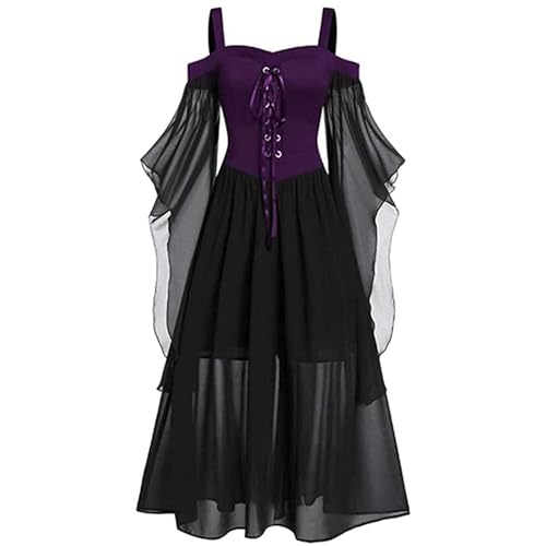 RLVYTA Erwachsenenkostüm Damen Gothic Punk Kleid Kalte Schulter Schmetterlingsärmel Halloween Cosplay Partykleid Schnürung Gothic Halloween Kleid Party Kostüm(Purple Black,3XL) von RLVYTA