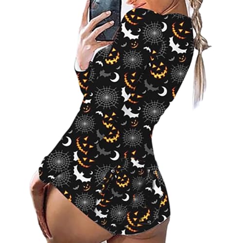 RLVYTA Erwachsenenkostüm Damen Halloween-Pyjama-Strampler, langärmelig, tiefer V-Ausschnitt, figurbetonter Overall, Shorts, Loungewear, Cosplay-Outfit Party Kostüm(Black,M) von RLVYTA