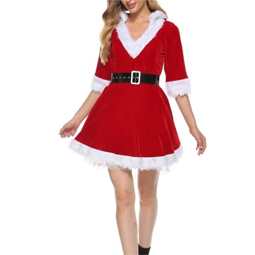 RLVYTA Erwachsenenkostüm Damen Weihnachtsmann-Kostüm für Erwachsene, Weihnachts-Nachtwäsche aus Samt, Kleid und Weihnachtsmütze, Cosplay-Outfit Party Kostüm(Red,XXL) von RLVYTA