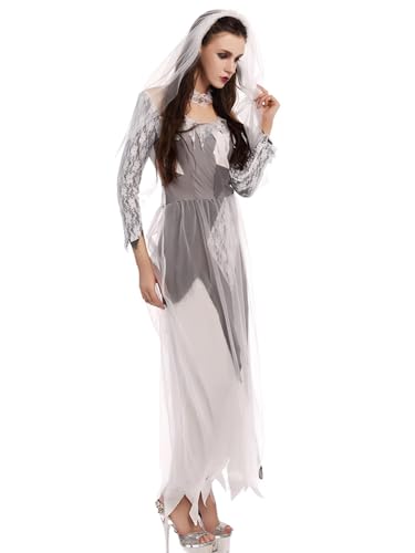 RLVYTA Erwachsenenkostüm Frauen Halloween Cosplay Kostüm Erwachsene Corpse Bride Kostüm Zombie Mesh Braut Kleid Mit Halsband Party Kostüm(Gray White,L) von RLVYTA