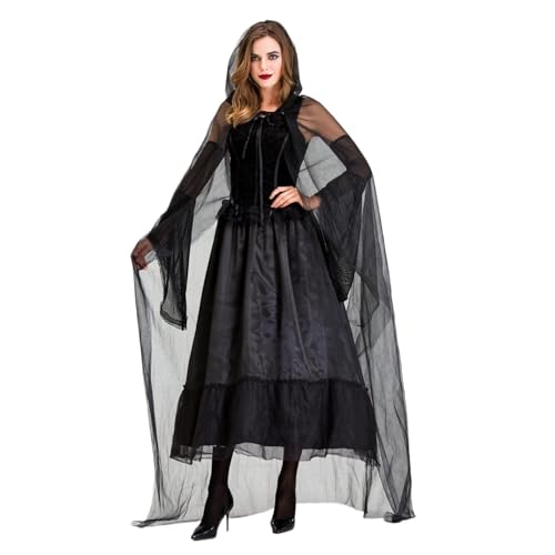 RLVYTA Erwachsenenkostüm Frauen Halloween Erwachsene Corpse Bride Kostüm Zombie Geisterbraut High Neck Tüll Patchwork Unregelmäßigen Saum Cosplay Kleid Party Kostüm(Black Witch B,M) von RLVYTA