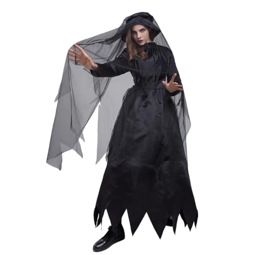 RLVYTA Erwachsenenkostüm Frauen Halloween Erwachsene Corpse Bride Kostüm Zombie Geisterbraut High Neck Tüll Patchwork Unregelmäßigen Saum Cosplay Kleid Party Kostüm(Black Witch a,L) von RLVYTA