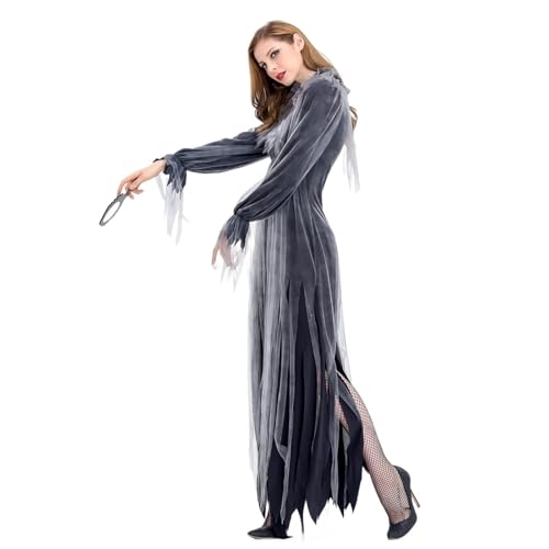 RLVYTA Erwachsenenkostüm Frauen Halloween Erwachsene Corpse Bride Kostüm Zombie Geisterbraut High Neck Tüll Patchwork Unregelmäßigen Saum Cosplay Kleid Party Kostüm(Gray Black Ghost Bride,XXL) von RLVYTA