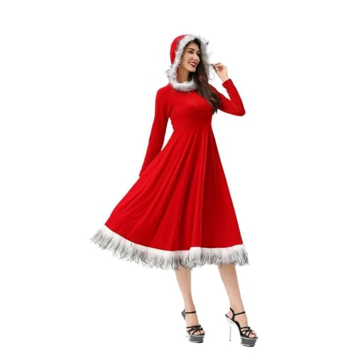 RLVYTA Erwachsenenkostüm Frauen Mrs. Claus Kostüm Weihnachten Santa Outfit Cosplay Kleid Lange Ärmel Mit Kapuze Weihnachten Mit Kapuze Cosplay Outfit Party Kostüm(L) von RLVYTA