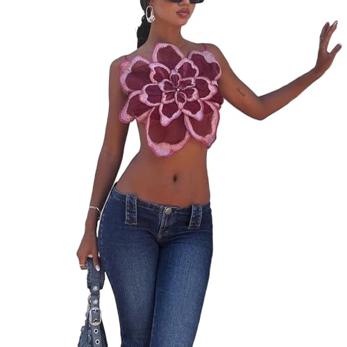 RLVYTA Erwachsenenkostüm FrauenCami Tops 3D Blume Tiered Sheer Mesh Ärmellose Rückenfreie Spitze Blume Rüschen Crop Tank Tops Sommer Party Kostüm(L) von RLVYTA