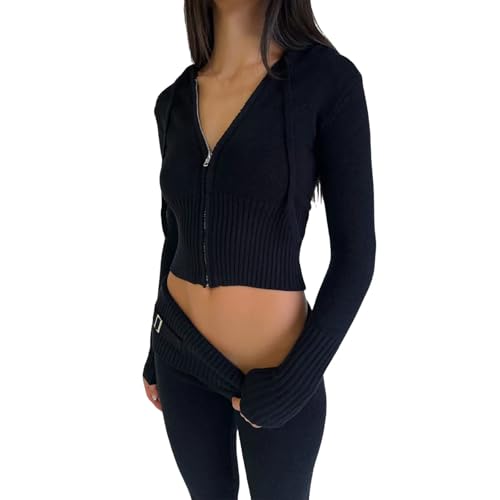 RLVYTA Erwachsenenkostüm Gestrickte Crop-Hoodies für Damen mit Reißverschluss, Vintage-Sweatshirt aus geripptem Strick mit Kapuze und Hose, 2-teiliges Streetwear-Outfit Party Kostüm(Black,L) von RLVYTA