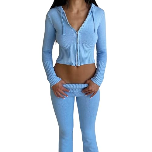 RLVYTA Erwachsenenkostüm Gestrickte Crop-Hoodies für Damen mit Reißverschluss, Vintage-Sweatshirt aus geripptem Strick mit Kapuze und Hose, 2-teiliges Streetwear-Outfit Party Kostüm(Blue,L) von RLVYTA