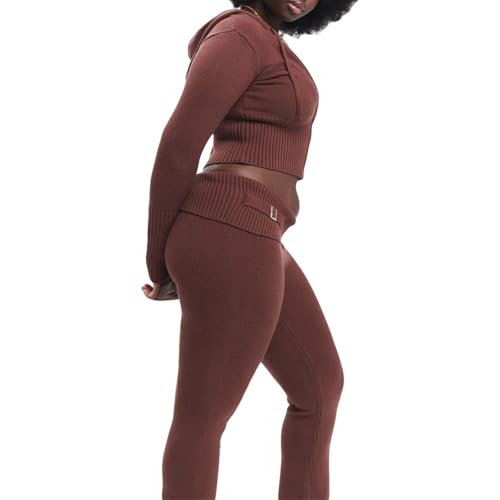 RLVYTA Erwachsenenkostüm Gestrickte Crop-Hoodies für Damen mit Reißverschluss, Vintage-Sweatshirt aus geripptem Strick mit Kapuze und Hose, 2-teiliges Streetwear-Outfit Party Kostüm(Brown,L) von RLVYTA