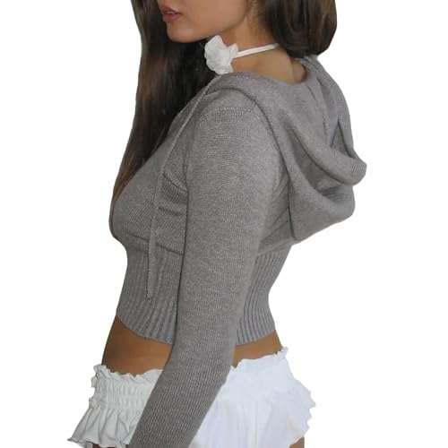 RLVYTA Erwachsenenkostüm Gestrickte Crop-Hoodies für Damen mit Reißverschluss, Vintage-Sweatshirt aus geripptem Strick mit Kapuze und Hose, 2-teiliges Streetwear-Outfit Party Kostüm(Gray,L) von RLVYTA