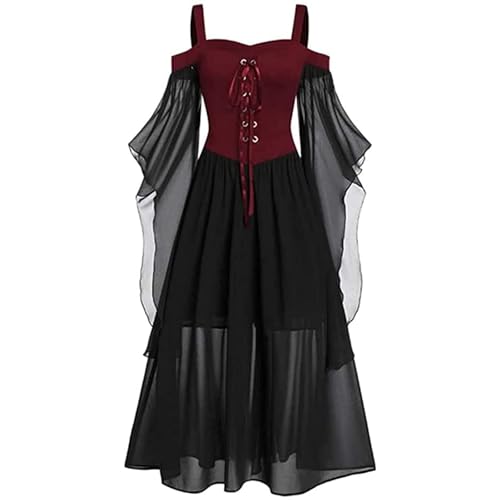 RLVYTA Erwachsenenkostüm Gothic-Kleid für Damen, Übergröße, kalte Schulter, Krawatte vorne, Dark in Love, Rüschenärmel, Halloween-Kleider Party Kostüm(Gray#2,L) von RLVYTA