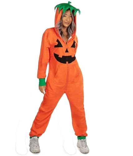 RLVYTA Erwachsenenkostüm Halloween-Kürbis-Overall, Halloween-Kürbis-Kostüm, Kürbis-Einteiler für Erwachsene, Overall mit Kapuze, einteiliger Cosplay-Anzug Party Kostüm(3XL) von RLVYTA