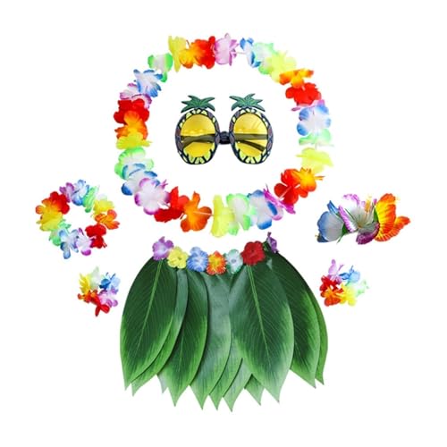 RLVYTA Erwachsenenkostüm Hula-Blatt-Rock mit Blumenketten, 7-teiliger Grasrock mit Ananas-Sonnenbrille, Haarspange, Halskette, Haarband und Armband Party Kostüm von RLVYTA