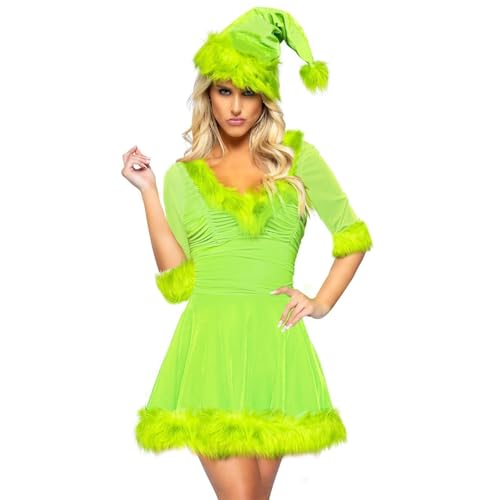 RLVYTA Erwachsenenkostüm Mrs Claus Kostüm für Frauen Pelzbesatz Plüsch A-Linie Samt Cosplay Kleid 2PCS Erwachsene Miss Santa Clause Kleid mit Hut Party Kostüm(Green,L) von RLVYTA