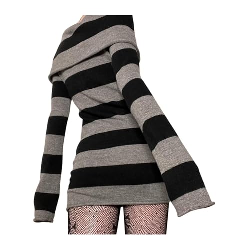 RLVYTA Erwachsenenkostüm Schulterfreies Damen-Minikleid, Gothic-Streifen, U-Boot-Ausschnitt, langärmelig, kurzes Kleid, Frühling, geripptes Strickpullover-Kleid Party Kostüm(Black,XL) von RLVYTA