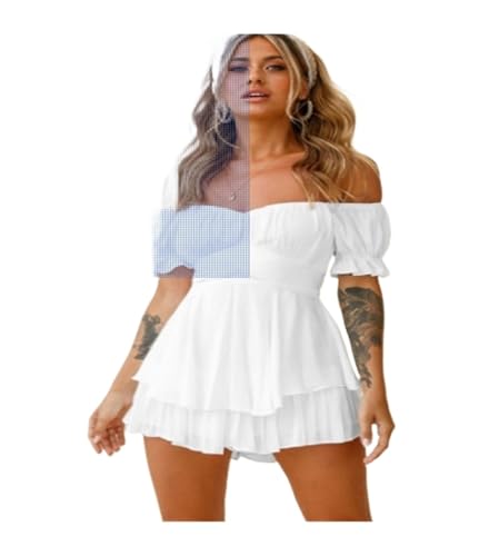 RLVYTA Erwachsenenkostüm Schulterfreies Damen-Minikleid, Puffärmel, quadratischer Ausschnitt, kurzes Kleid, Flügelärmel, Basic-Kleid, Swing-Piraten-Kurzkleid Party Kostüm(White,XL) von RLVYTA