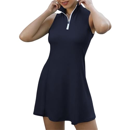 RLVYTA Erwachsenenkostüm Tenniskleid für Damen, ärmelloses Kleid, einfarbig, Reißverschluss, Stehkragen, schmales Kleid mit Taschen, Golf-Workout-Kleid Party Kostüm(Navy Blue,S) von RLVYTA