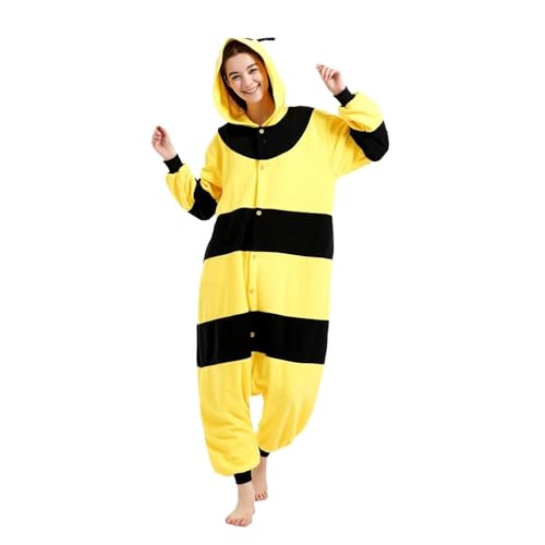 RLVYTA Erwachsenenkostüm Unisex Erwachsene Cartoon Kostüm Halloween Weihnachten Nachtwäsche Overall Onesies Plüsch Cosplay Pyjamas Party Kostüm(Bee,S) von RLVYTA