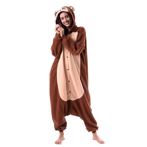 RLVYTA Erwachsenenkostüm Unisex Erwachsene Cartoon Kostüm Halloween Weihnachten Nachtwäsche Overall Onesies Plüsch Cosplay Pyjamas Party Kostüm(Brown Monkey,M) von RLVYTA