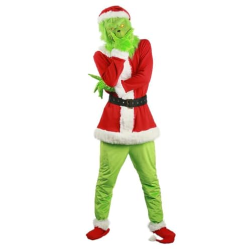 RLVYTA Erwachsenenkostüm Weihnachten Grinch Santa Kostüm mit Maske Hut für Erwachsene, Halloween Weihnachten lustige Cosplay Kostüm Requisiten Party Kostüm(3XL) von RLVYTA