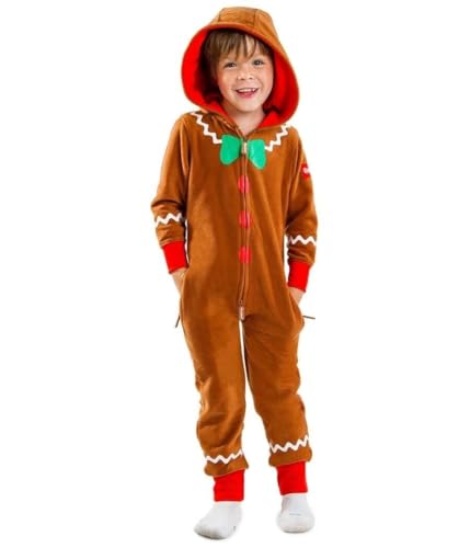 RLVYTA Erwachsenenkostüm Weihnachten Lebkuchen Kostüm Lange Sleeve Zipper Mit Kapuze Overall Für Männer Frauen Junge Mädchen Party Rollenspiel Cosplay Party Kostüm(Brown-kids,13-14 Years) von RLVYTA