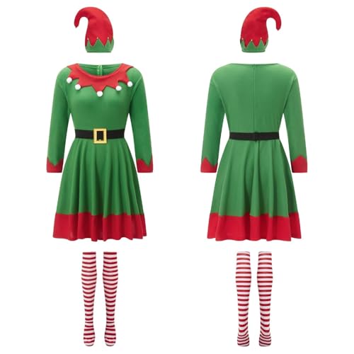 RLVYTA Erwachsenenkostüm Weihnachts-Elf-Kostüm-Set für Damen, für Erwachsene, Elfenkleid, Gürtel, gestreift, über kniehohe Socken, Elfenhut-Kostüm Party Kostüm(3pc Green,L) von RLVYTA