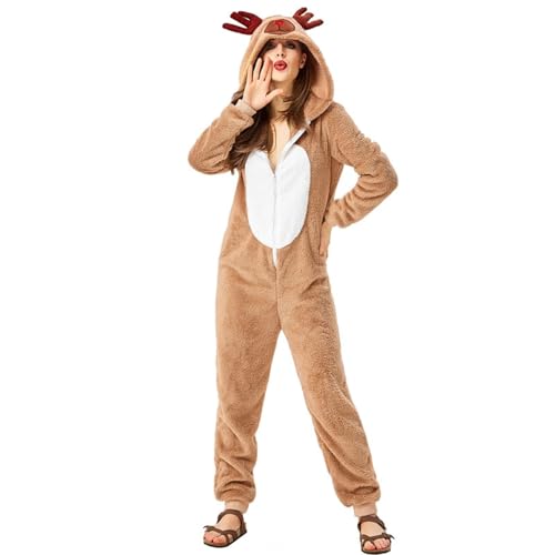 RLVYTA Erwachsenenkostüm Weihnachtskostüm Rentier Erwachsenenkostüm Unisex Hirsch Tier Onesie Party Overall Party Kostüm(Khaki Woman,L) von RLVYTA