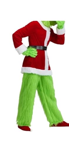 RLVYTA Erwachsenenkostüm Weihnachtskostüm-Set, Weihnachtsmann-Mütze, Oberteil, Stiefel, grünes Haar, Monster-Maske, Handschuhe, Cosplay-Kostüm, How Stole Christmas-Set Party Kostüm(Red-1,3XL) von RLVYTA