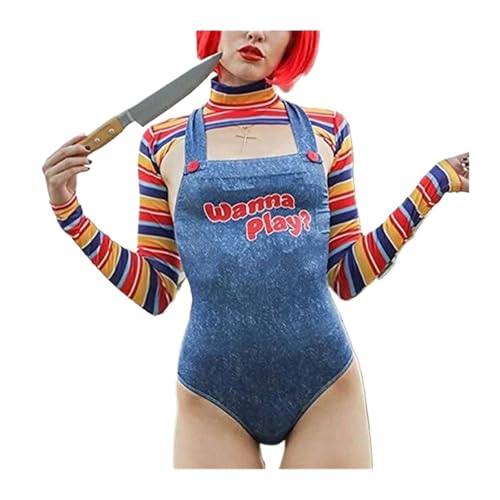 RLVYTA Erwachsenenkostüm Zweiteilige Halloween-Kostüme für Damen, gruselige Albtraum-Killer-Puppe, wollen Sie Filmcharakter-Bodysuit, Chucky-Puppenkostüm spielen Party Kostüm(A-blue,L) von RLVYTA