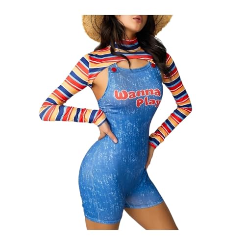 RLVYTA Erwachsenenkostüm Zweiteilige Halloween-Kostüme für Damen, gruselige Albtraum-Killer-Puppe, wollen Sie Filmcharakter-Bodysuit, Chucky-Puppenkostüm spielen Party Kostüm(E-blue,L) von RLVYTA