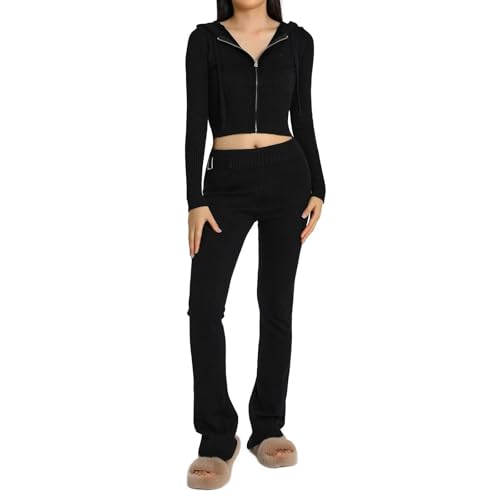 RLVYTA Erwachsenenkostüm Zweiteilige Pullover-Outfits für Damen, langärmelig, mit Reißverschluss, Umlegekragen, Kapuze, figurbetontes Crop-Top + Hosen-Sets, Lounge-Sets Party Kostüm(Black-1,L) von RLVYTA