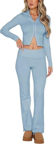 RLVYTA Erwachsenenkostüm Zweiteilige Pullover-Outfits für Damen, langärmelig, mit Reißverschluss, Umlegekragen, Kapuze, figurbetontes Crop-Top + Hosen-Sets, Lounge-Sets Party Kostüm(Blue,L) von RLVYTA