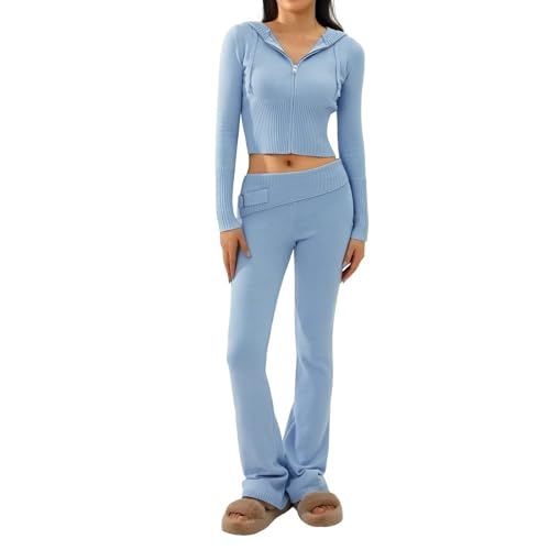 RLVYTA Erwachsenenkostüm Zweiteilige Pullover-Outfits für Damen, langärmelig, mit Reißverschluss, Umlegekragen, Kapuze, figurbetontes Crop-Top + Hosen-Sets, Lounge-Sets Party Kostüm(Blue-1,L) von RLVYTA