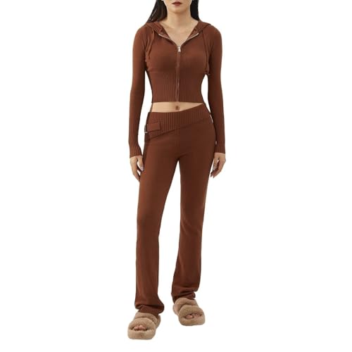 RLVYTA Erwachsenenkostüm Zweiteilige Pullover-Outfits für Damen, langärmelig, mit Reißverschluss, Umlegekragen, Kapuze, figurbetontes Crop-Top + Hosen-Sets, Lounge-Sets Party Kostüm(Brown-1,L) von RLVYTA