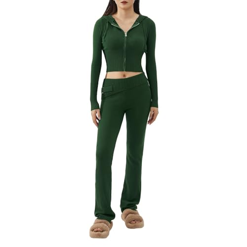 RLVYTA Erwachsenenkostüm Zweiteilige Pullover-Outfits für Damen, langärmelig, mit Reißverschluss, Umlegekragen, Kapuze, figurbetontes Crop-Top + Hosen-Sets, Lounge-Sets Party Kostüm(Green-1,S) von RLVYTA