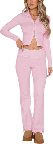 RLVYTA Erwachsenenkostüm Zweiteilige Pullover-Outfits für Damen, langärmelig, mit Reißverschluss, Umlegekragen, Kapuze, figurbetontes Crop-Top + Hosen-Sets, Lounge-Sets Party Kostüm(Pink,S) von RLVYTA