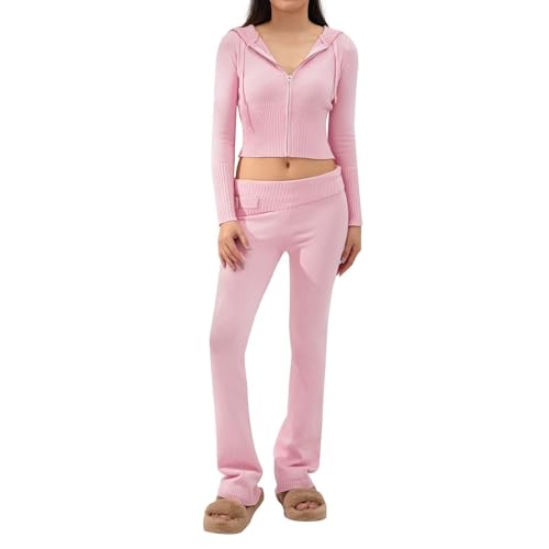 RLVYTA Erwachsenenkostüm Zweiteilige Pullover-Outfits für Damen, langärmelig, mit Reißverschluss, Umlegekragen, Kapuze, figurbetontes Crop-Top + Hosen-Sets, Lounge-Sets Party Kostüm(Pink-1,L) von RLVYTA