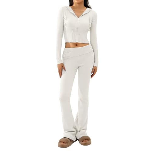 RLVYTA Erwachsenenkostüm Zweiteilige Pullover-Outfits für Damen, langärmelig, mit Reißverschluss, Umlegekragen, Kapuze, figurbetontes Crop-Top + Hosen-Sets, Lounge-Sets Party Kostüm(White-1,M) von RLVYTA