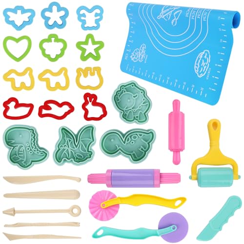 RNHDLY 29 Stück Knete Zubehör Set, Knete Set Knetwerkzeug für Kinder, Knete Zubehör Set Einschließen Teig Plastilin Werkzeuge, Formen, Teigrolle, Knetmatte von RNHDLY