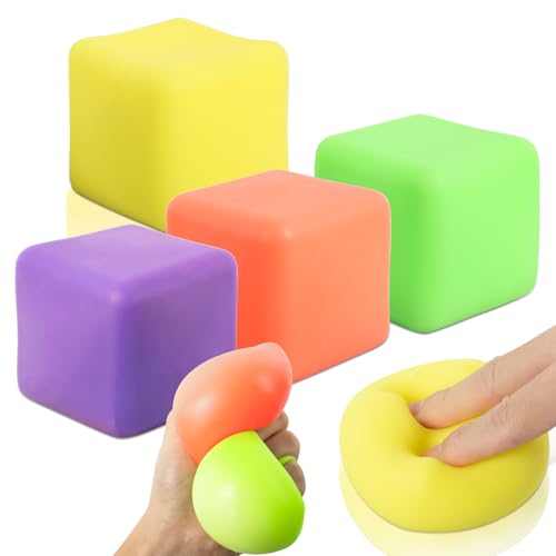 RNHDLY Stressball 4 Stück Anti Stress Ball Knetball, Würfelförmig Stress Bälle, Sensory Antistressball, Stressbälle Erwachsene und Kinder, Knetball für Hände Therapie 5,5 x 5,5cm von RNHDLY